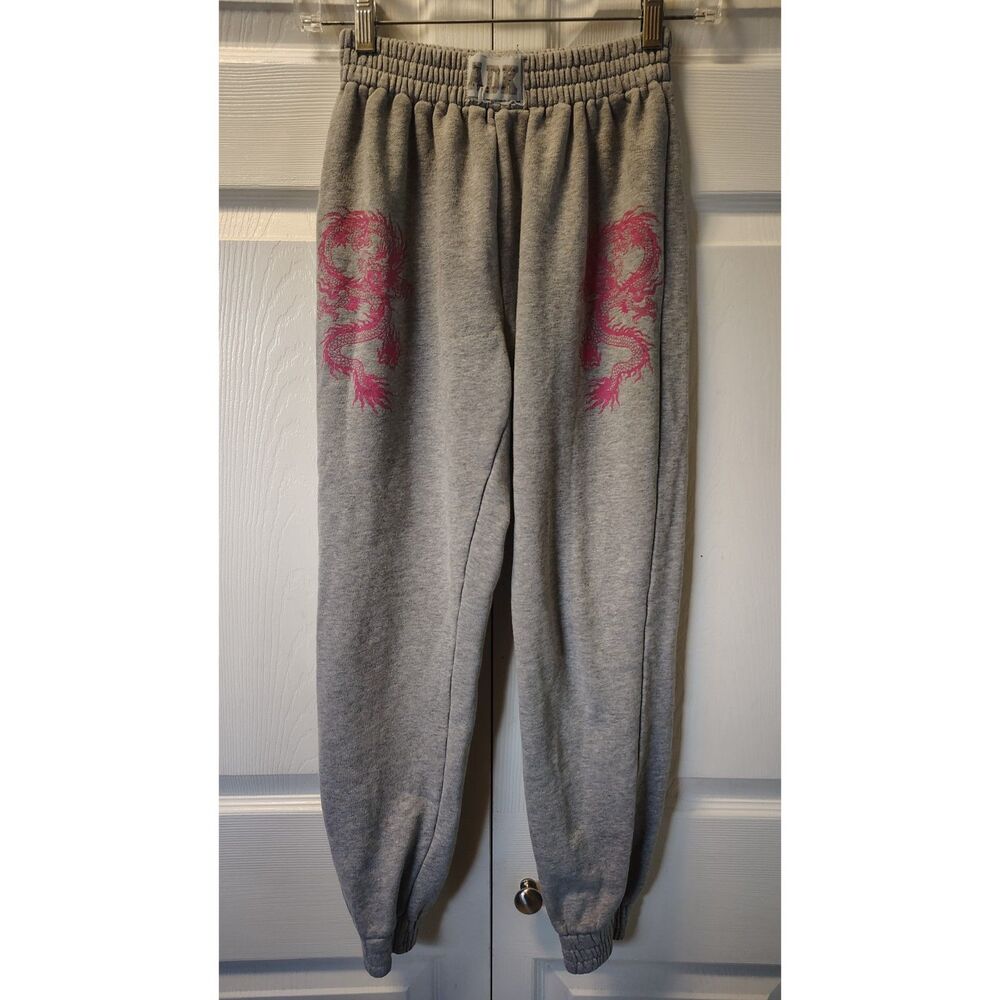 Adika Grey Dragon Graphic Sweatpants XS | Pink Dragon Print Joggers Y2K Boho